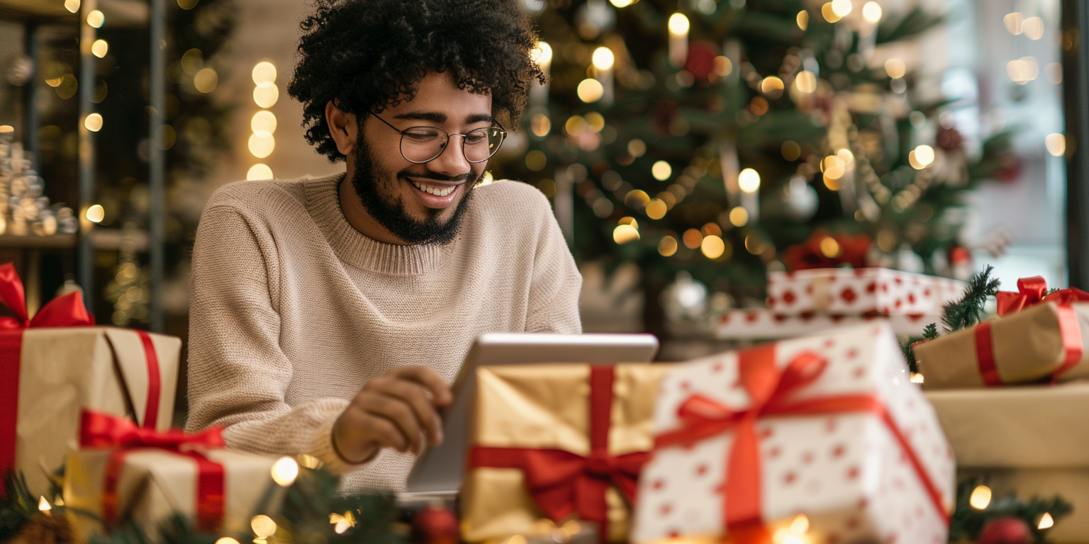 Black Friday Marketing Ideas - young adult male with curly hair surrounded by gifts shopping online